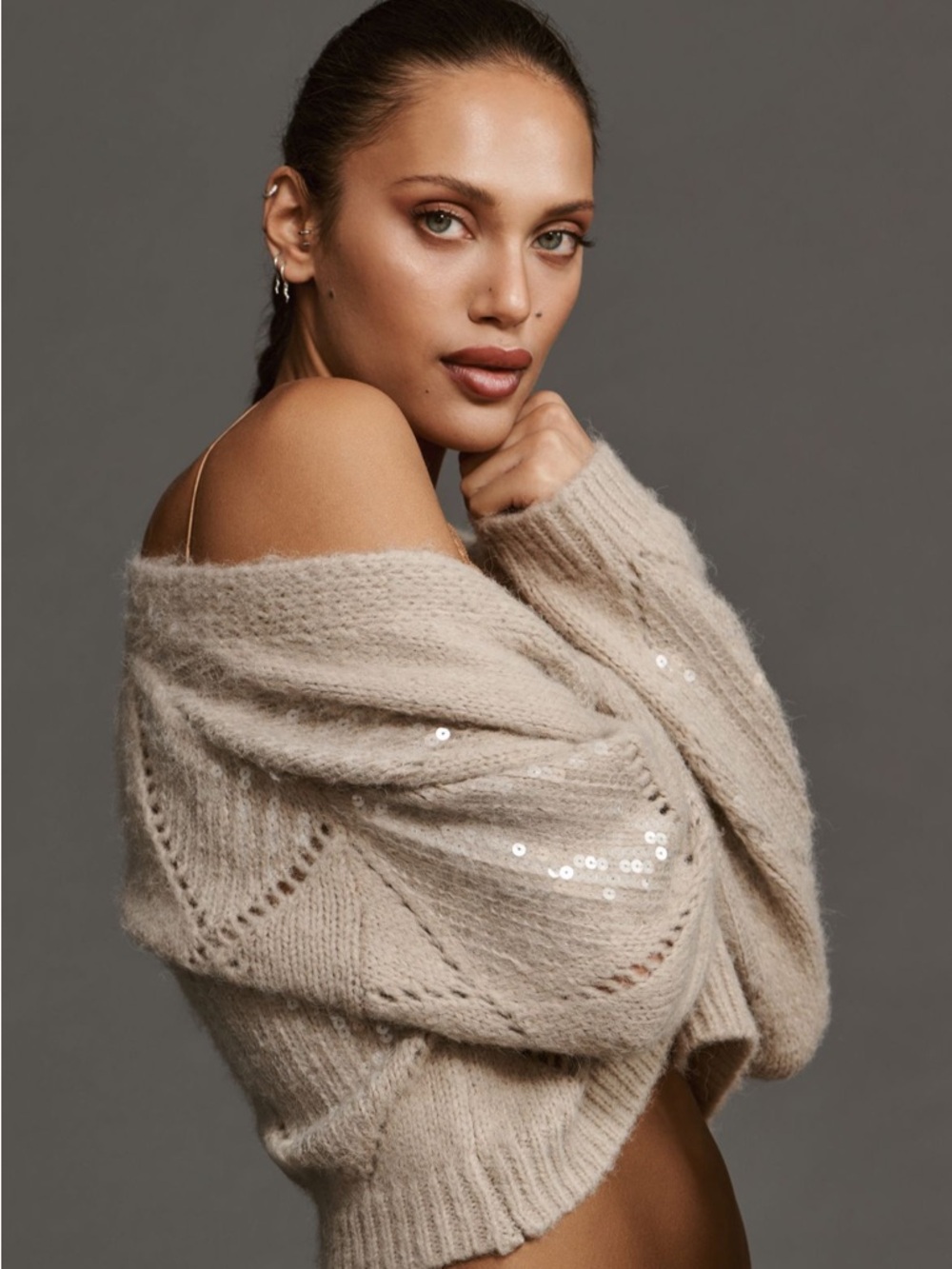 Mauve by Anthropologie Cropped Beige Sequined Knit Cardigan Sweater One Size NWT
